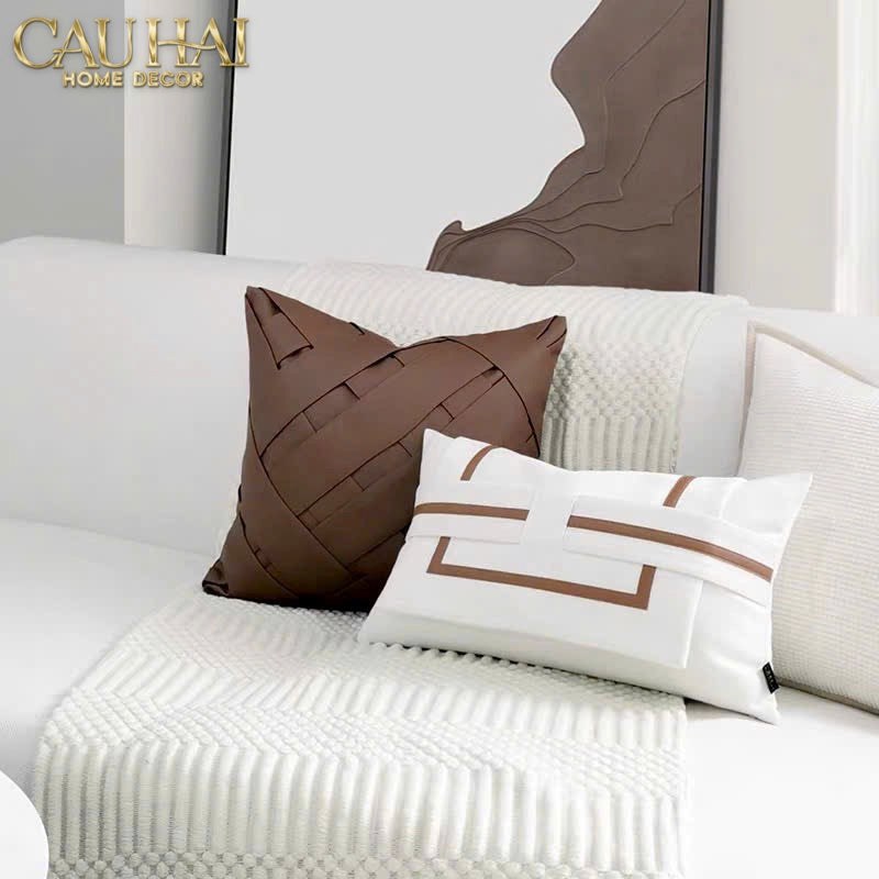 Gối Da Cadre Harnais Ivory Cognac 30x50-VỎ GỐI SOFA-CẬU HAI HOME DECOR
