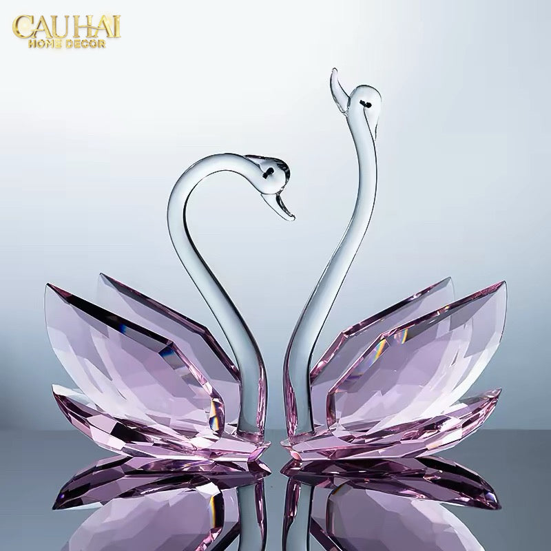 Set 2 Tượng Thiên Nga Pha Lê Trang Trí Crystal Swan Étreinte Rosé 2pcs