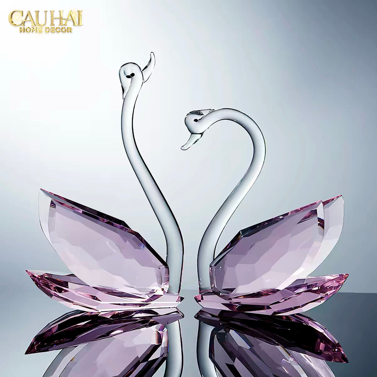 Set 2 Tượng Thiên Nga Pha Lê Trang Trí Crystal Swan Étreinte Rosé 2pcs