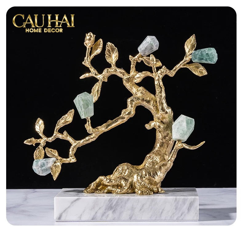 Maison Couture - Tượng  Nhân Sâm Bằng Đồng Đá Thạch Anh Xanh -  Brasson Aventurine Quartz - Root Of Eternity 9x30x27