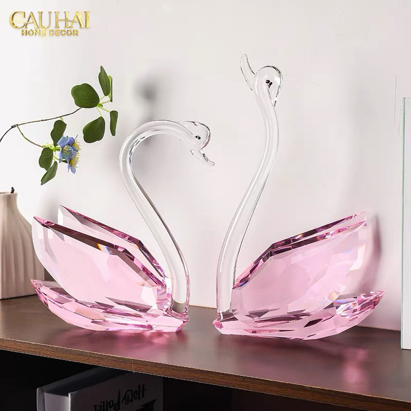 Set 2 Tượng Thiên Nga Pha Lê Trang Trí Crystal Swan Étreinte Rosé 2pcs