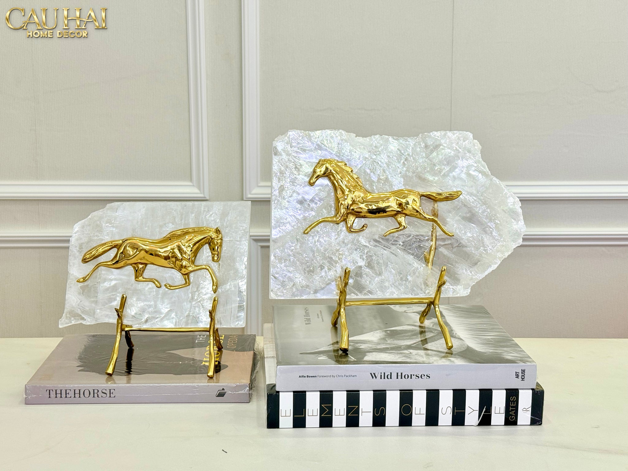 Maison Couture - Set of 2 Equestrian Gilded Hidden Stallion Grande Quartz Horse Statues