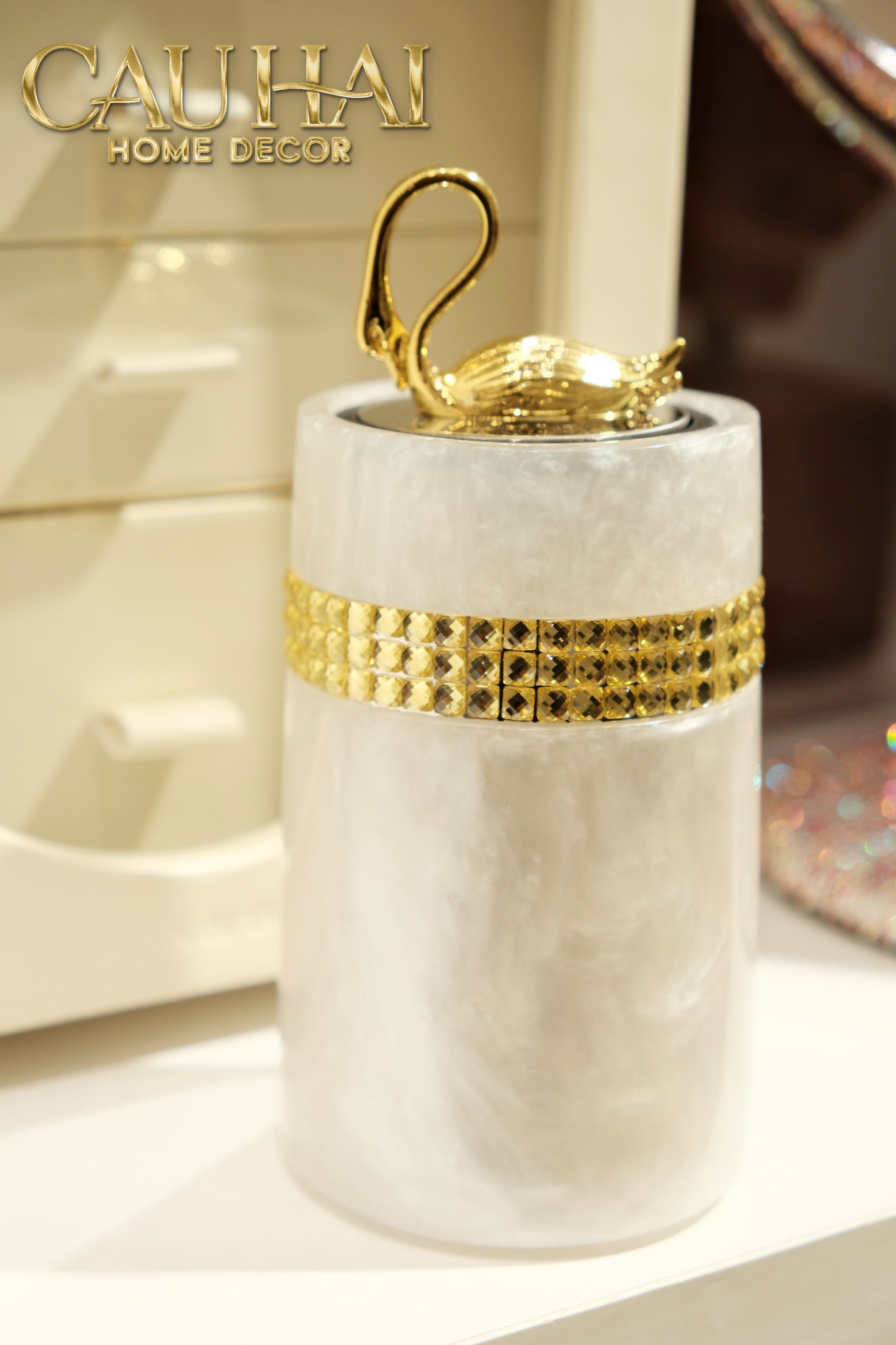 Lọ Tăm Khảm Xà Cừ Resin Cygne Nacre D'Or Toothpick Holder 6x12