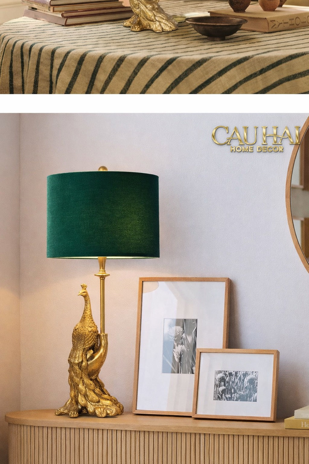 Đèn Bàn Khổng Tước Chụp Nhung Emerald Gold Le Impérial Paon Side Table Lamp 25x64