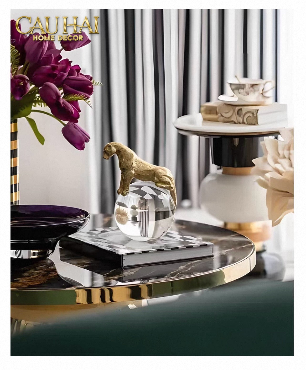 Maison Couture - Tượng Quả Cầu Pha Lê - Tượng Báo Bằng Đồng -   Regal  Brasson Panther Globe 15x30