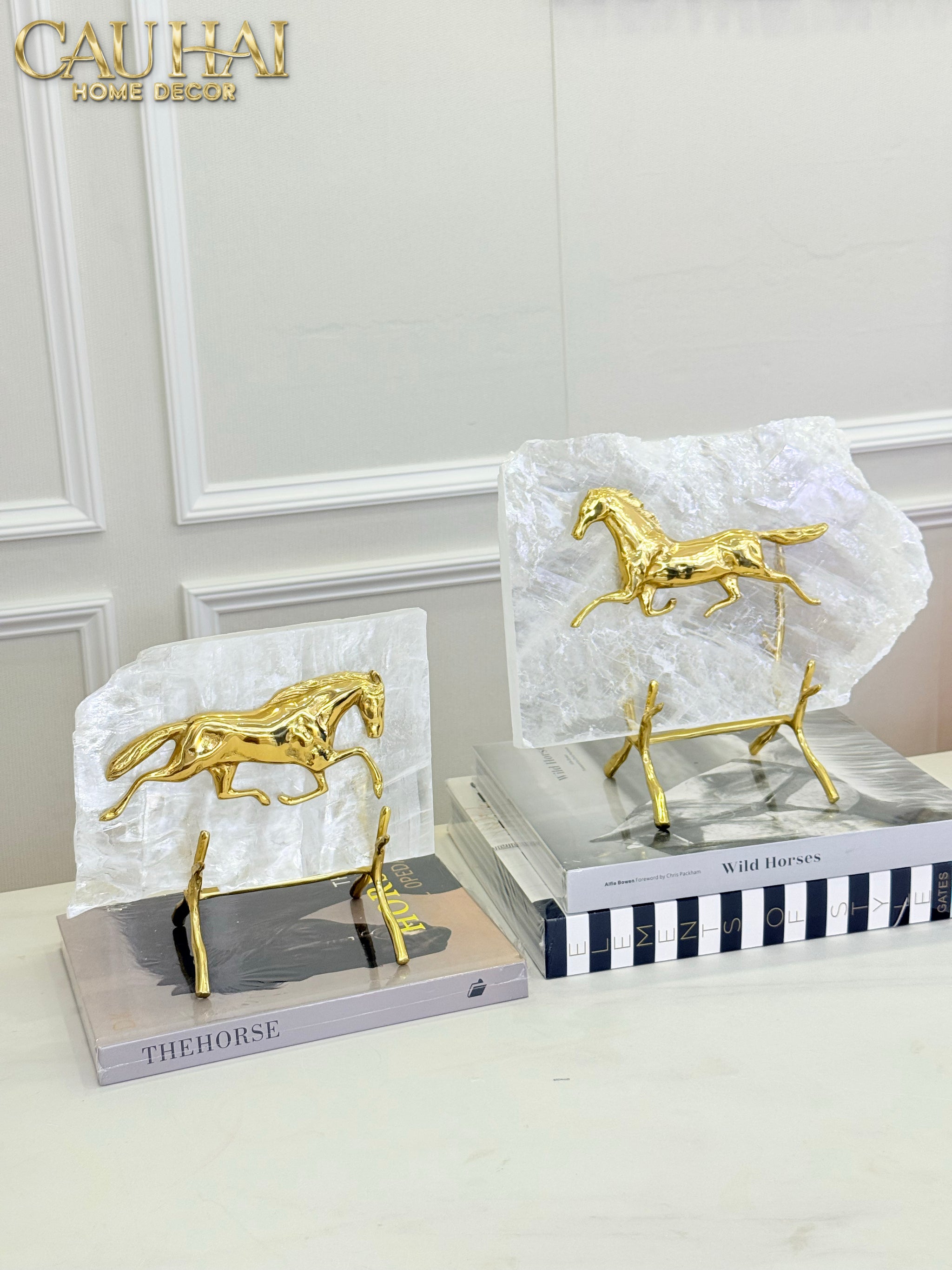Maison Couture - Set of 2 Equestrian Gilded Hidden Stallion Grande Quartz Horse Statues