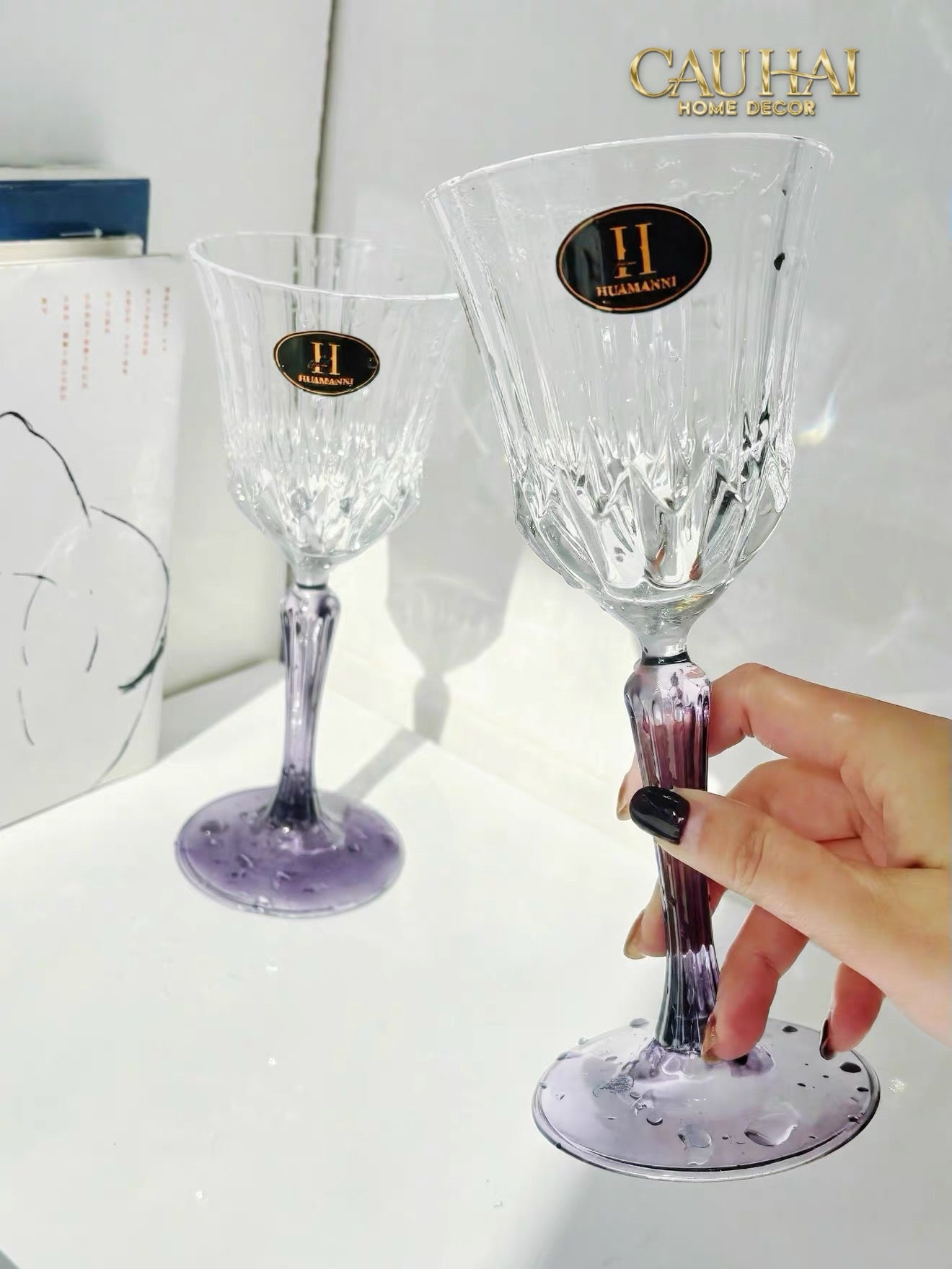 Set 2 Ly Vang Diamond Goblet     Plum Crystal 200Ml