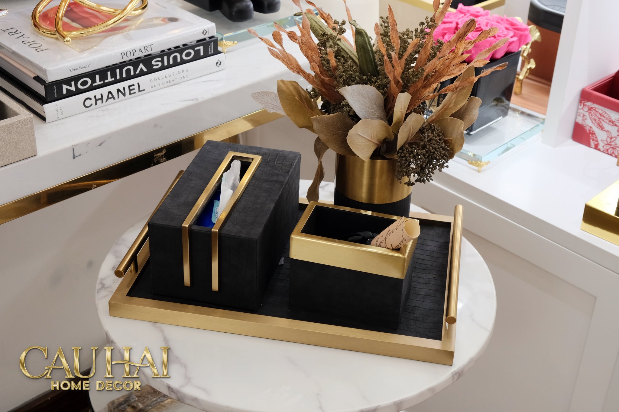 Maison Couture - Set Khay Hộp Giấy Gỗ Sồi Da Cao Cấp Có Bình Hoa - Luxe Oakwood Birkin Noire Vanities 4Pcs 30x40
