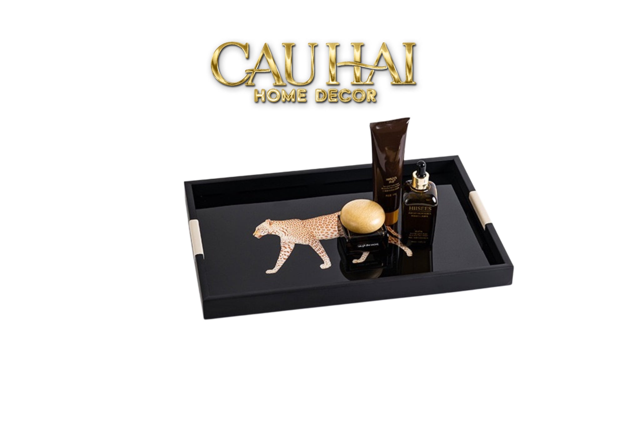 Khay Gỗ Chữ Nhật Đen Hoạ Tiết Báo Đốm Ecartier - Noir Leopard Decorative Trays 38.4x26x3