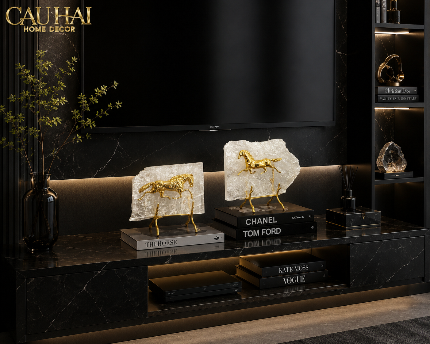 Maison Couture - Set of 2 Equestrian Gilded Hidden Stallion Grande Quartz Horse Statues