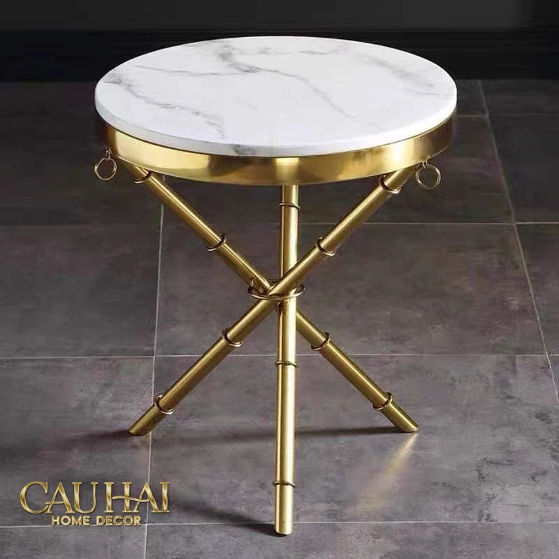 Bàn Sofa Marble Tròn Chinoiserie Bamboo D'Or Ivory H49x53