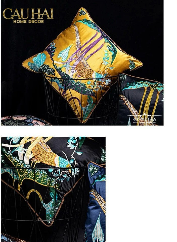 Tết Couture - Vỏ Gối Lụa Thêu 3D  Hoàng Điểu Tứ Quý - Minh Hoàng 45