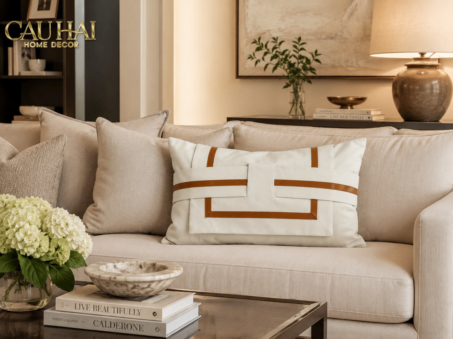 Gối Da Cadre Harnais Ivory Cognac 30x50