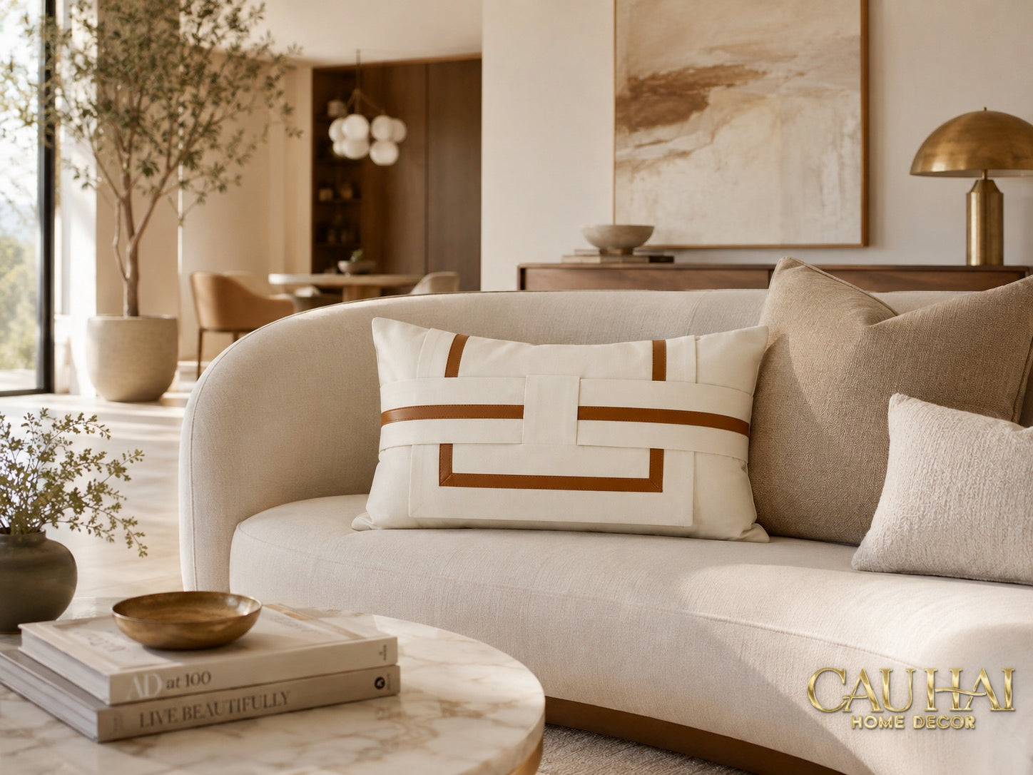 Gối Da Cadre Harnais Ivory Cognac 30x50-VỎ GỐI SOFA-CẬU HAI HOME DECOR