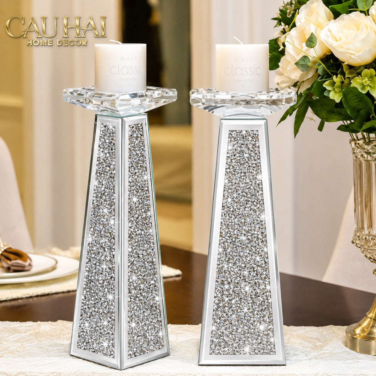 Set 2 Đế Nến Starlight Mirrored Crystal Pillar-Đế Nến-CẬU HAI HOME DECOR