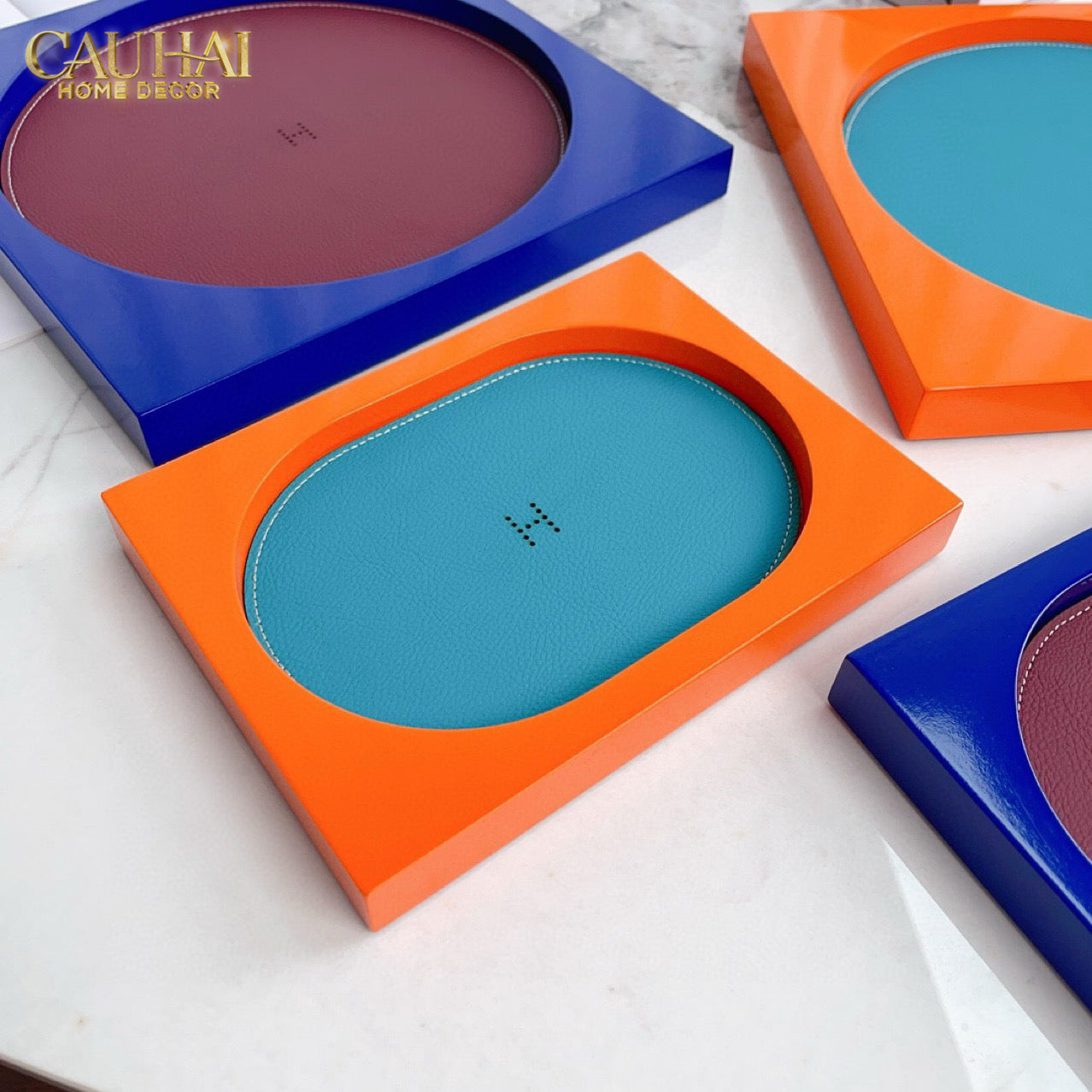 Maison Couture – Khay Chữ Nhật Gỗ Lót Da Équinoxe Cyan