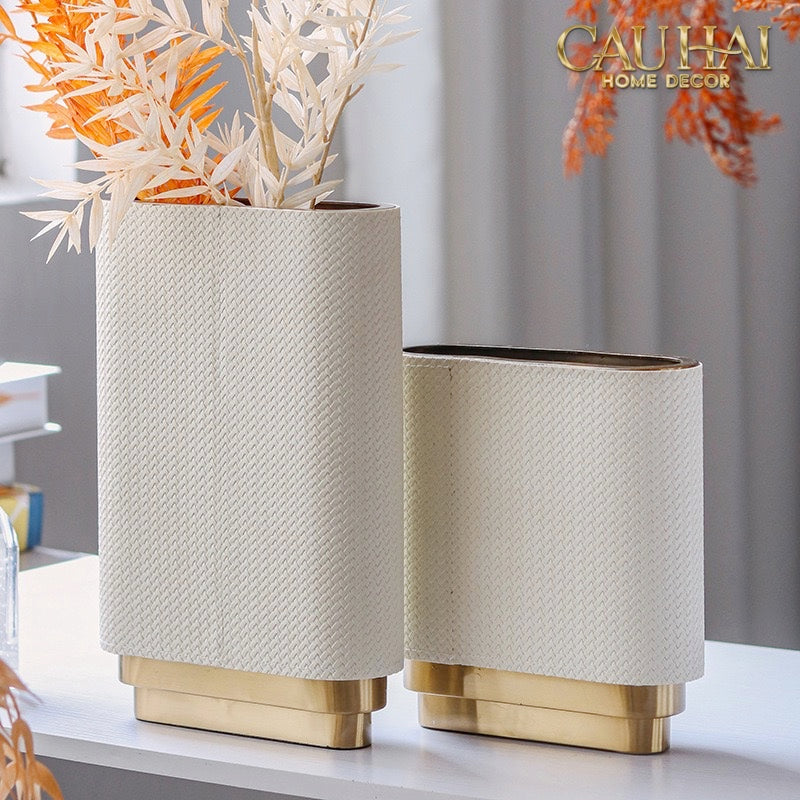 Set 2 Bình Hoa Bọc Da Cao Cấp - Leather Riviera Ivory Gilded Medusa