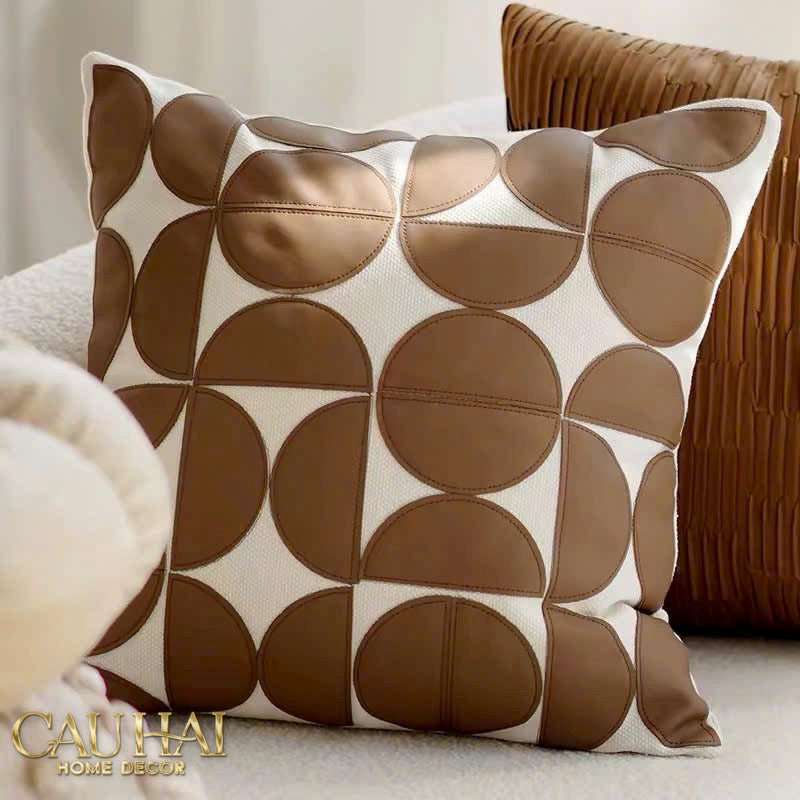 Vỏ gối da hình học Géométrique Camel Ivory 45x45