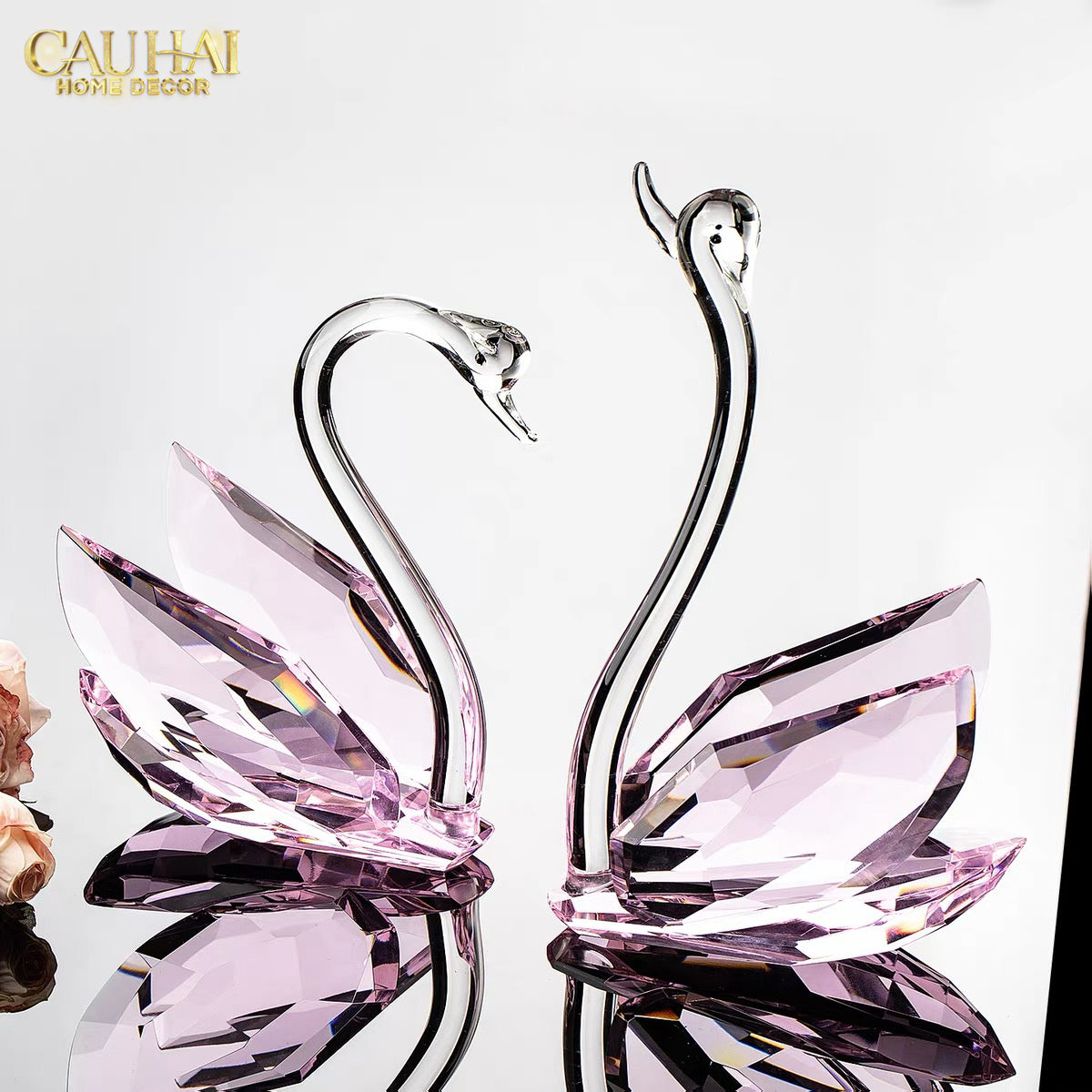 Set 2 Tượng Thiên Nga Pha Lê Trang Trí Crystal Swan Étreinte Rosé 2pcs