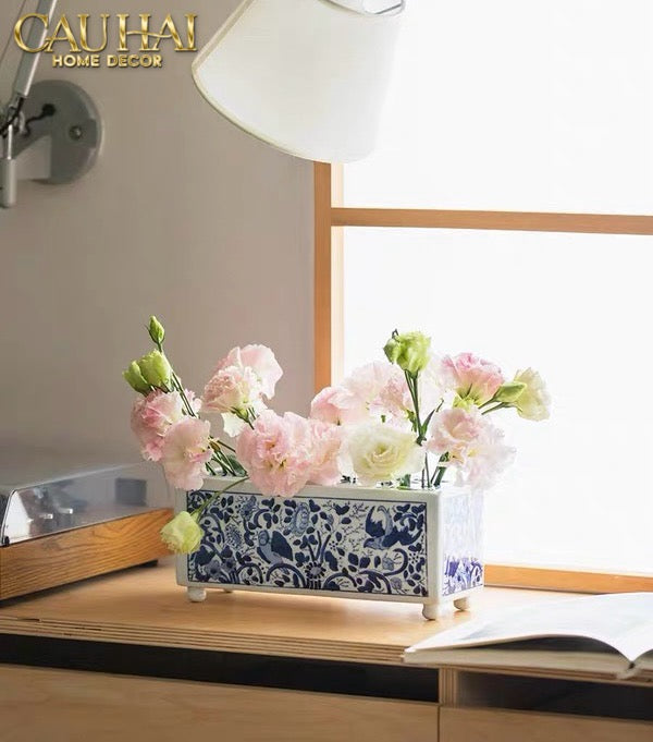 Maison Couture -  Khay Bình Hoa Blue Indigo  Indochine Héritage Floral Centerpiece Porcelain Trays 29.5 x 11