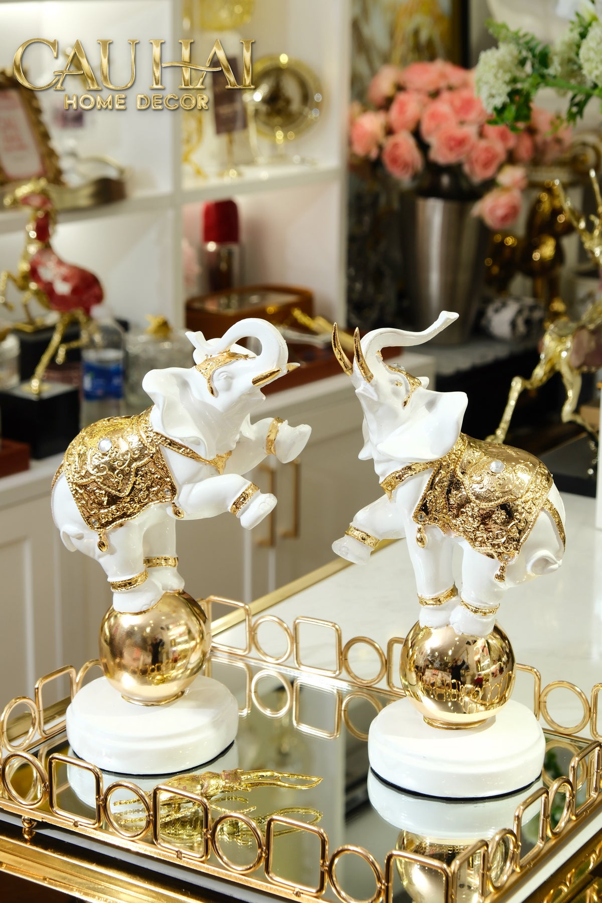 Set 2 Tượng Composite Voi Cirque Royal D'Or 12x17x33