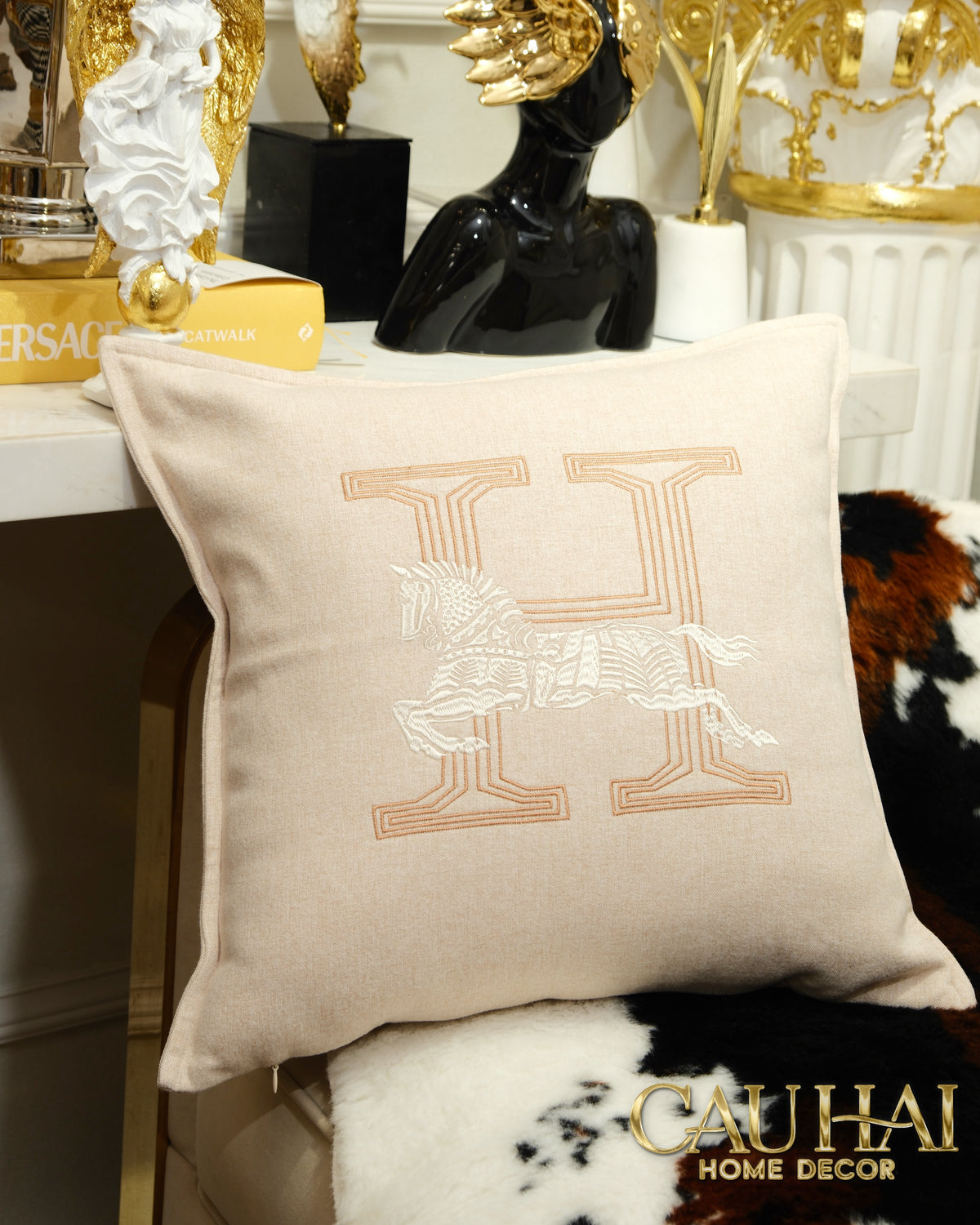 Vỏ Gối Linen Thêu Cheval Équestre Ivory 45x45