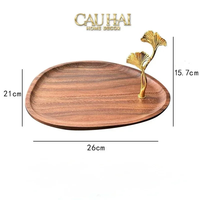 Khay Oval Gỗ Óc Chó Lá Ngân Hạnh Ginkgo Walnut Decoratives Trays 21x26-KHAY TRANG TRÍ-CẬU HAI HOME DECOR