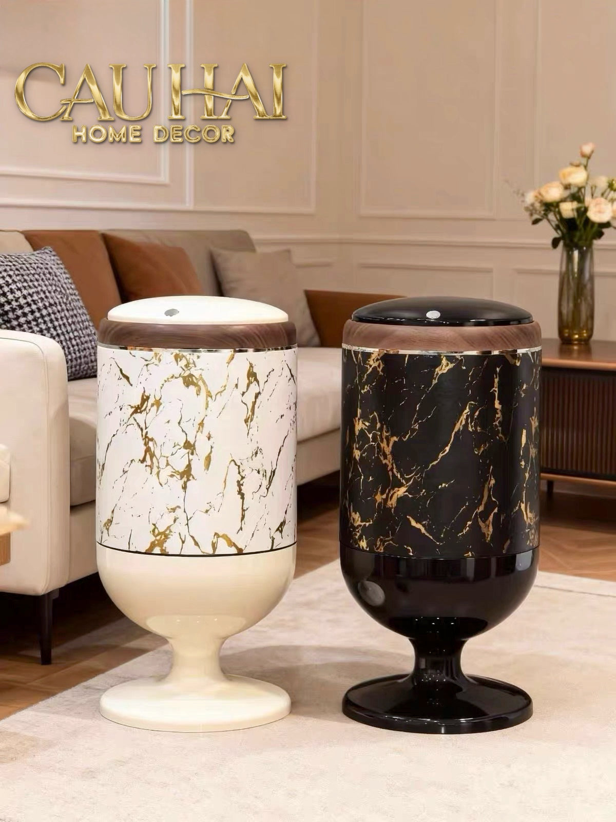 Thùng Rác Cao Cấp 20L Vân Đá - Marble Royale Gold