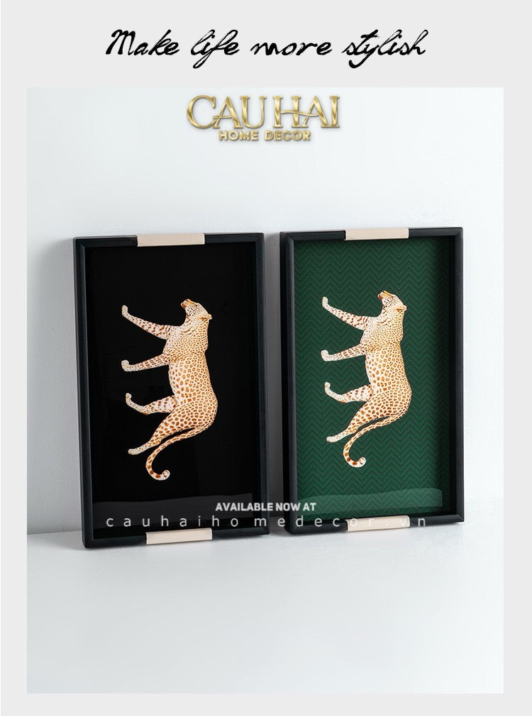 Khay Gỗ Chữ Nhật Đen Hoạ Tiết Báo Đốm Ecartier - Noir Leopard Decorative Trays 38.4x26x3