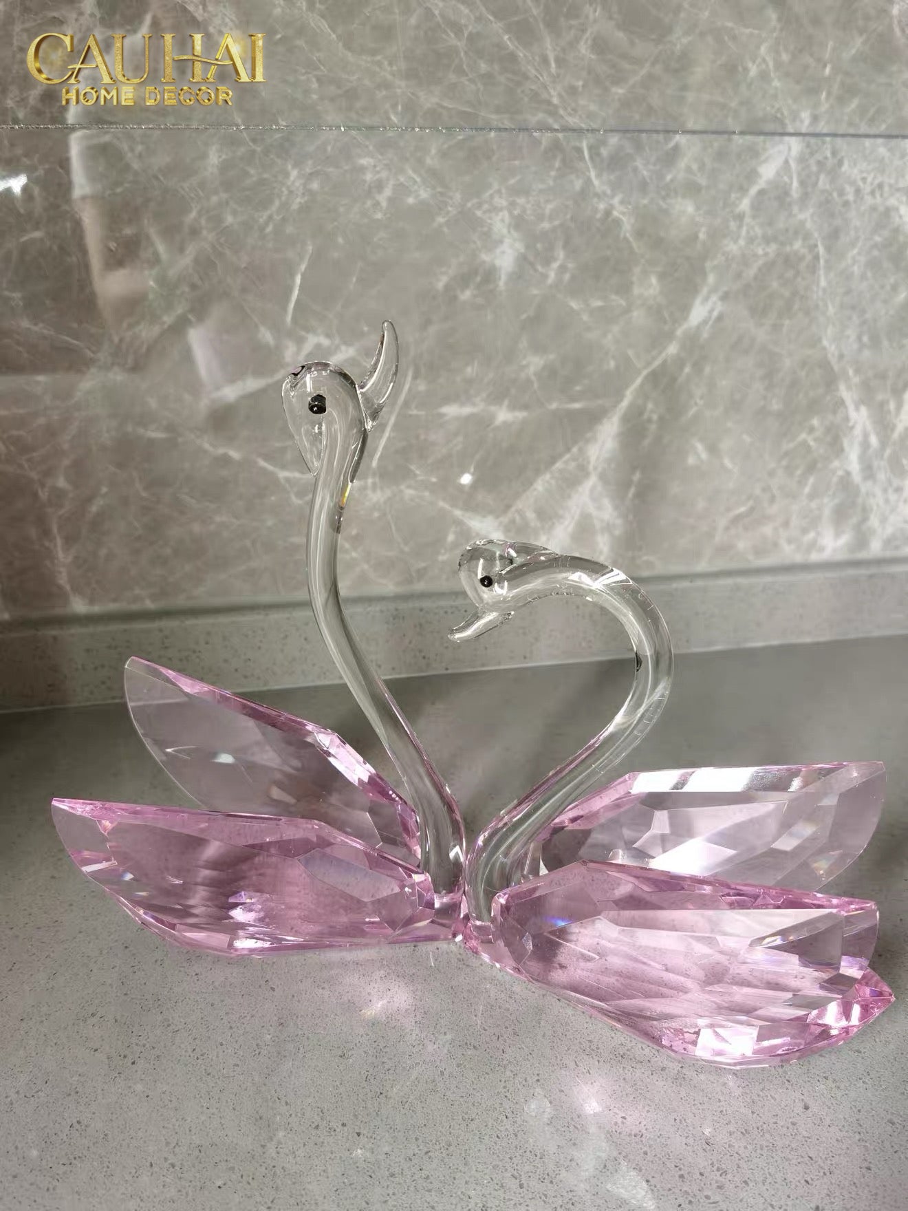 Set 2 Tượng Thiên Nga Pha Lê Trang Trí Crystal Swan Étreinte Rosé 2pcs