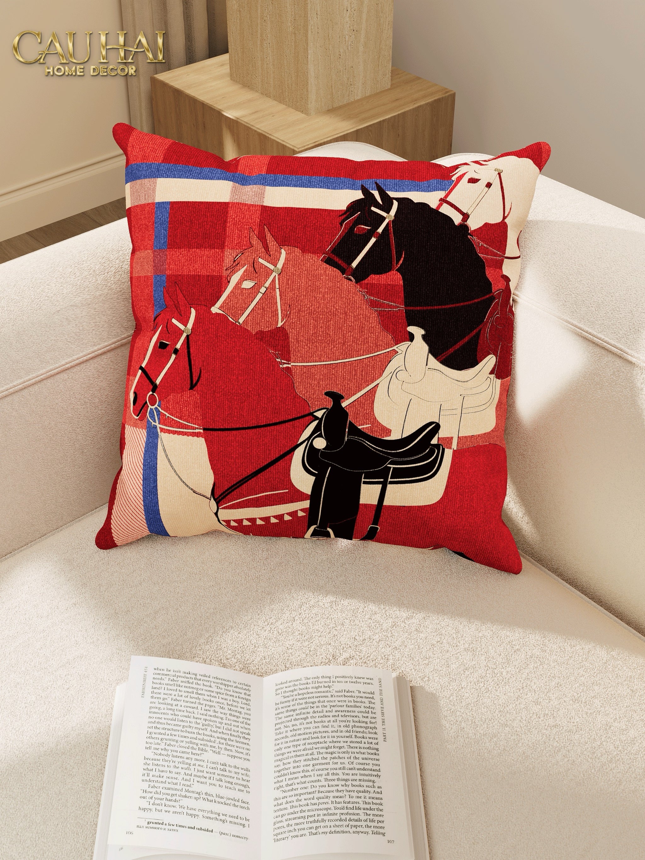 Tết Couture - Vỏ Gối Nhung Équestre Les Quatre Chevaux de Bataille 45