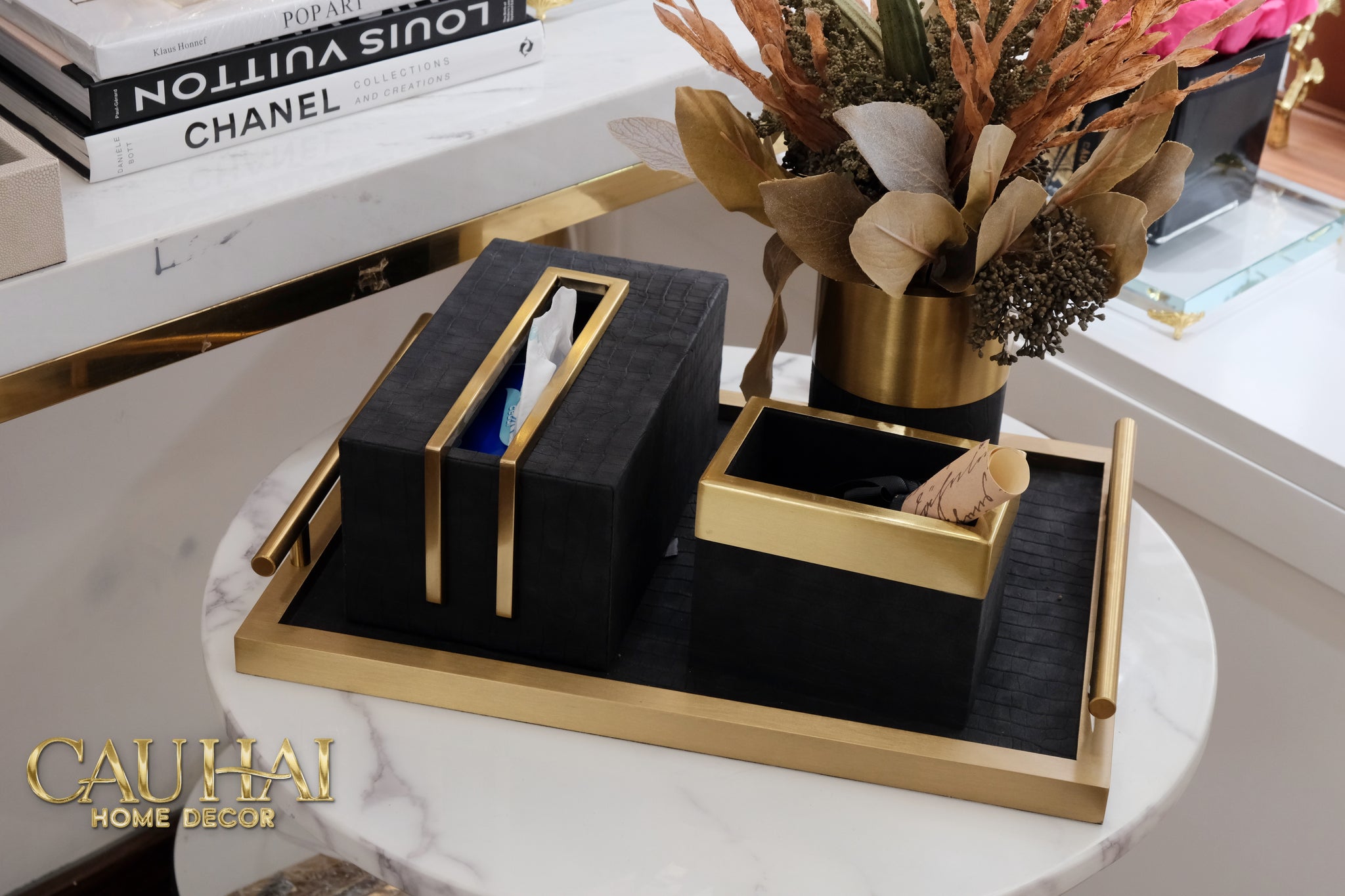 Maison Couture - Set Khay Hộp Giấy Gỗ Sồi Da Cao Cấp Có Bình Hoa - Luxe Oakwood Birkin Noire Vanities 4Pcs 30x40