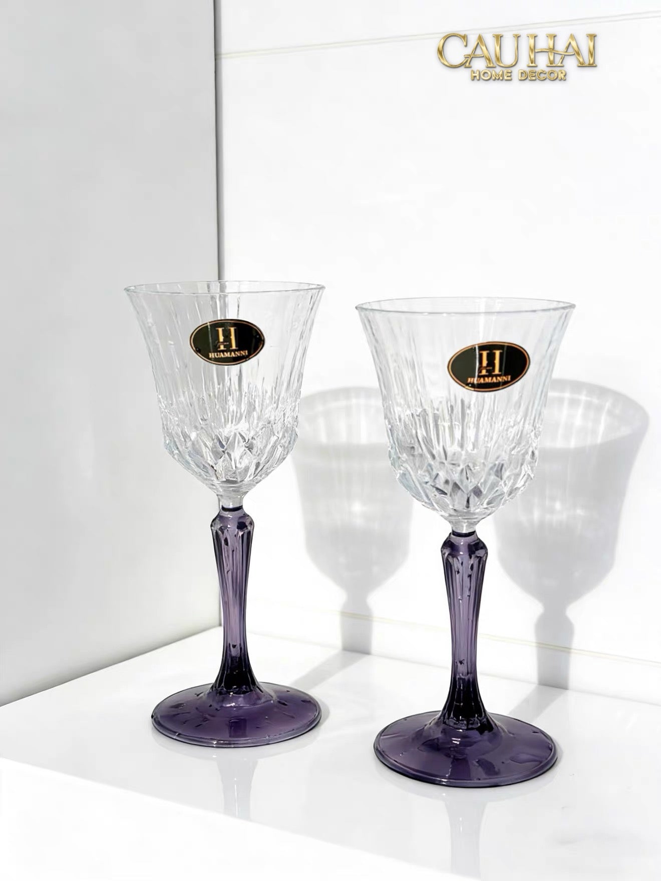 Set 2 Ly Vang Diamond Goblet     Plum Crystal 200Ml