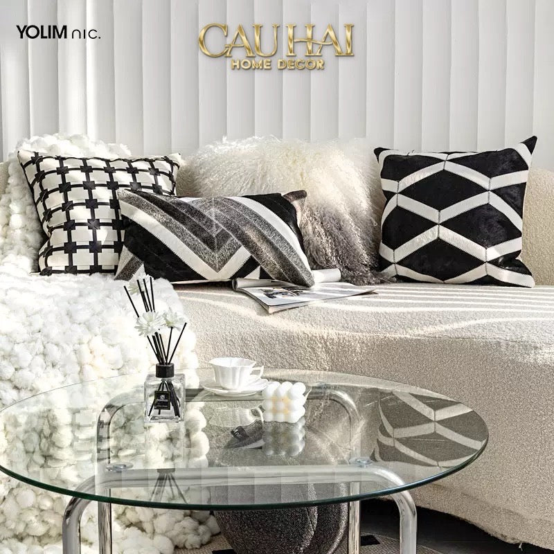 HOME COUTURE - VỎ GỐI DA LUX LEATHER CROSSLINE MONOCHROME 45 - CẬU HAI HOME DECOR