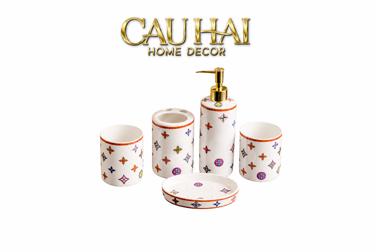 Maison Couture - Set Nhà Tắm Gốm Sứ 5 Món Monogram Coloré D'Or 5pcs