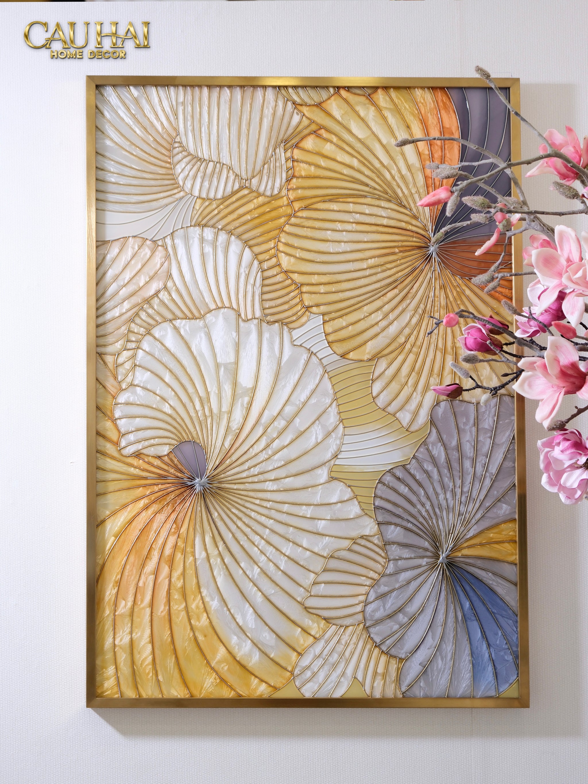 Maison Couture - Enamelled Glass Mosaic Artwork, Handcrafted Frame, Stainless Steel Frame, Gilded Prism Enamel - Ginkgo Era 70x100