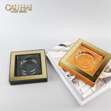 Gạt Tàn Pha Lê  Bọc Viền Da Cendrier Cristalleries Clair Squares Ashtray 15x15