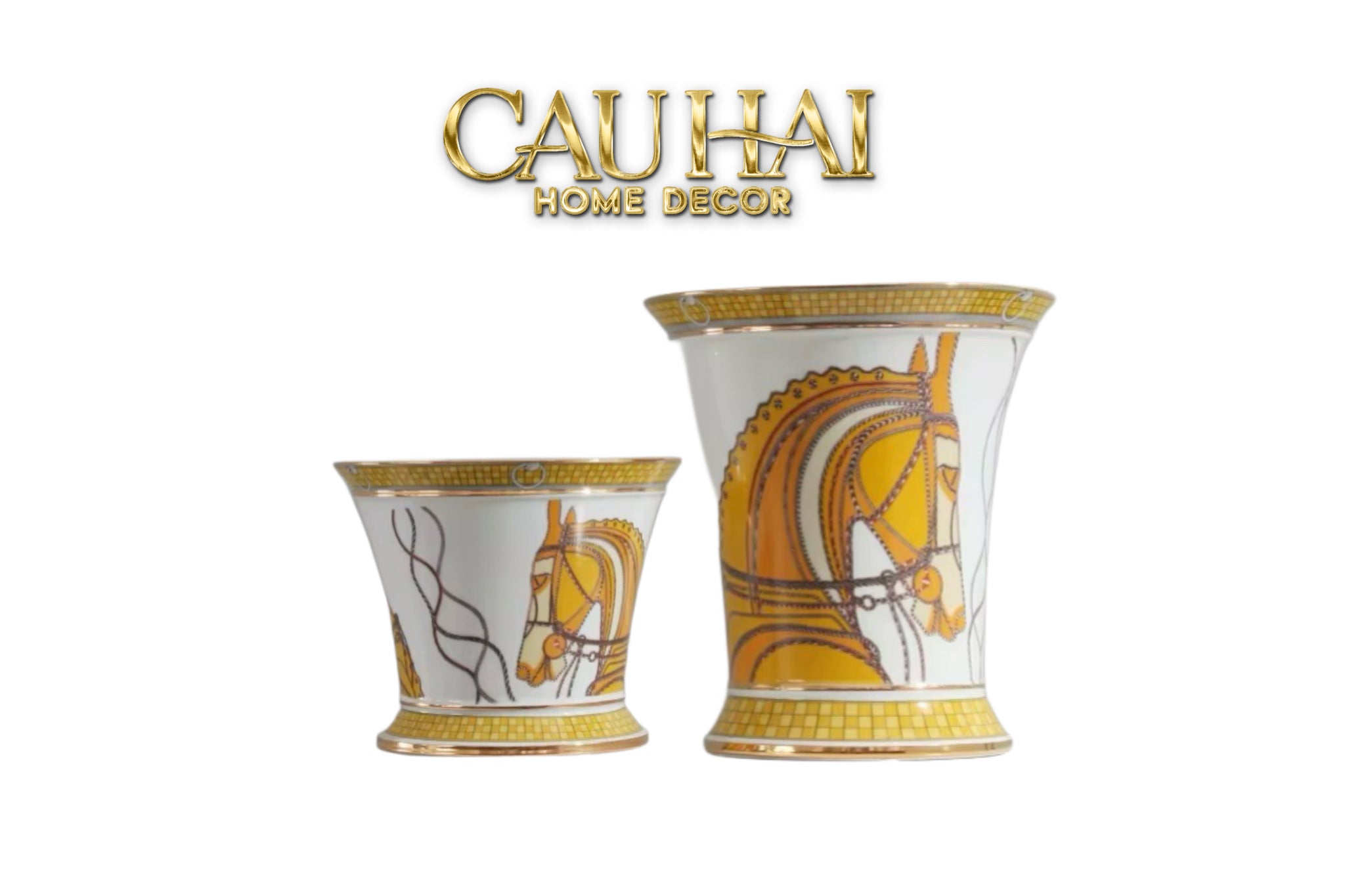 Maison Couture -  Set 2 Bình Hoa  Chiến Mã Hoàng Gia Équestre Cheval   Royal - Spéciale Porcelain Vase. H22 H26 xD15
