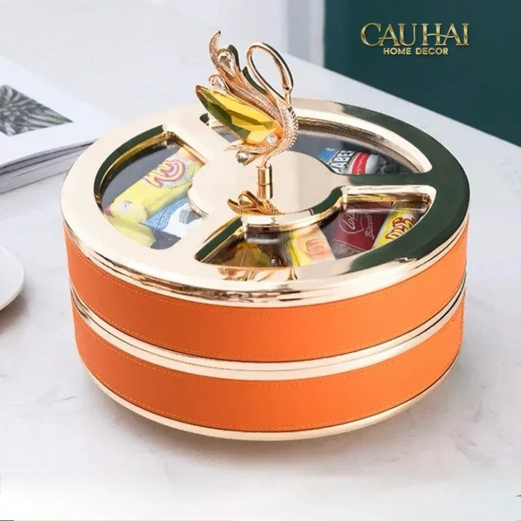 Hộp Bánh Mứt Thiên Nga 2 Tầng Jewelry Swan Solitaire Vermilion Patina 26x21-CẬU HAI HOME DECOR