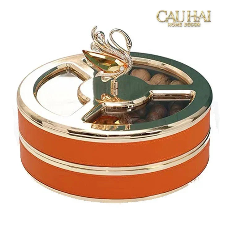 Hộp Bánh Mứt Thiên Nga 2 Tầng Jewelry Swan Solitaire Vermilion Patina 26x21-CẬU HAI HOME DECOR