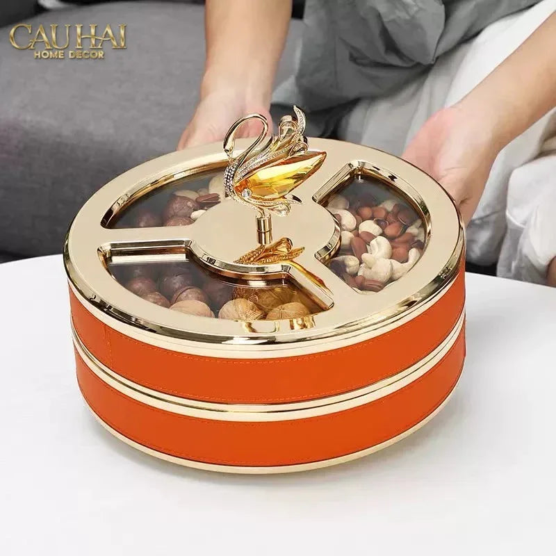 Hộp Bánh Mứt Thiên Nga 2 Tầng Jewelry Swan Solitaire Vermilion Patina 26x21-CẬU HAI HOME DECOR