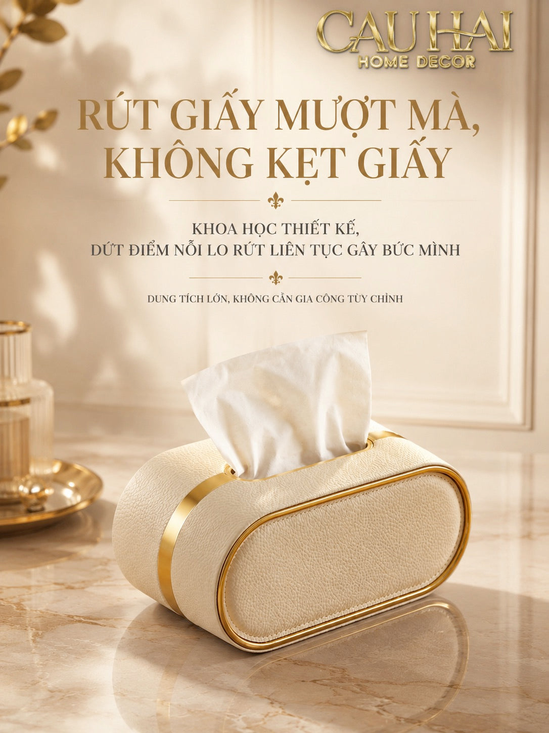 Hộp Khăn Giấy Da Litchi LB Class Oval Spéciale Crystal Bloom Ivory 22x13x10.7-HỘP KHĂN GIẤY-CẬU HAI HOME DECOR