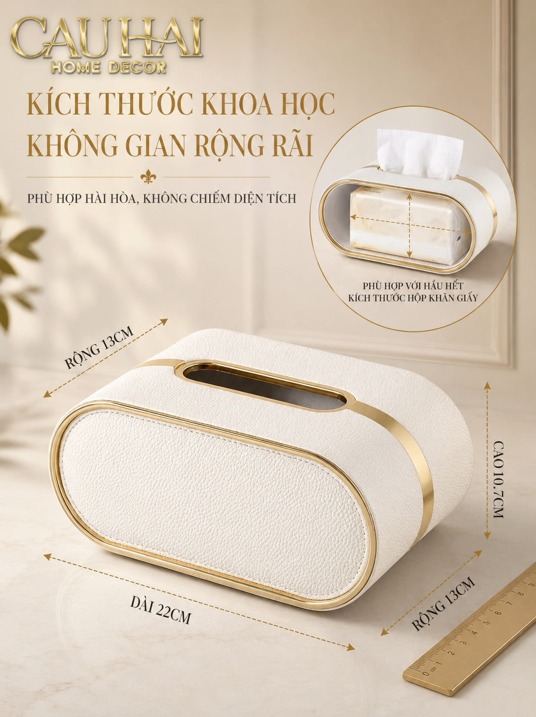 Hộp Khăn Giấy Da Litchi LB Class Oval Spéciale Crystal Bloom Ivory 22x13x10.7-HỘP KHĂN GIẤY-CẬU HAI HOME DECOR