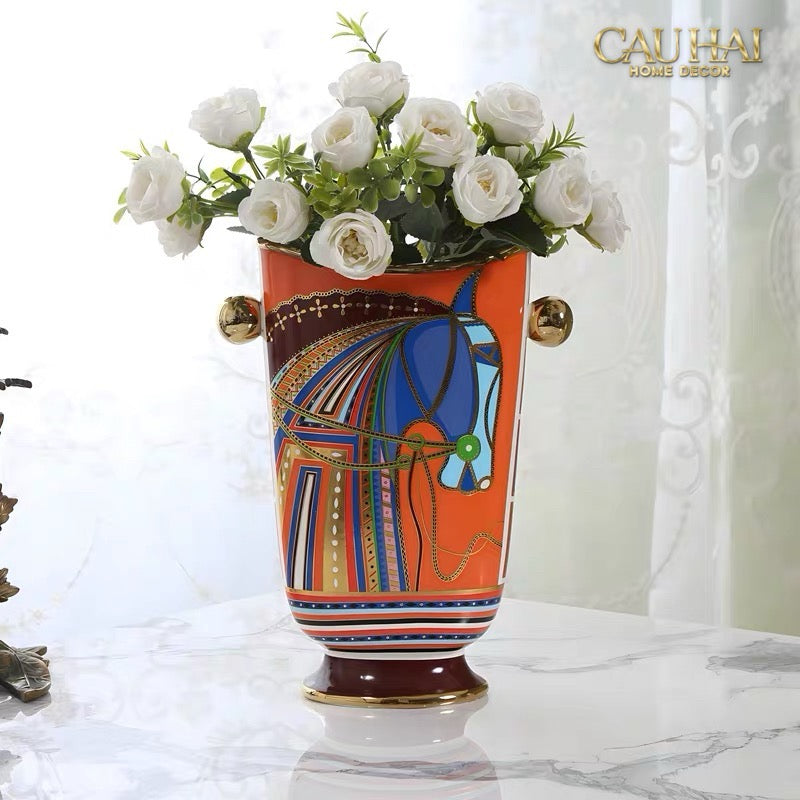 Maison Couture - Bình Hoa Ngựa Cheval Équestre Vermilion  Amphora Vase 17x28