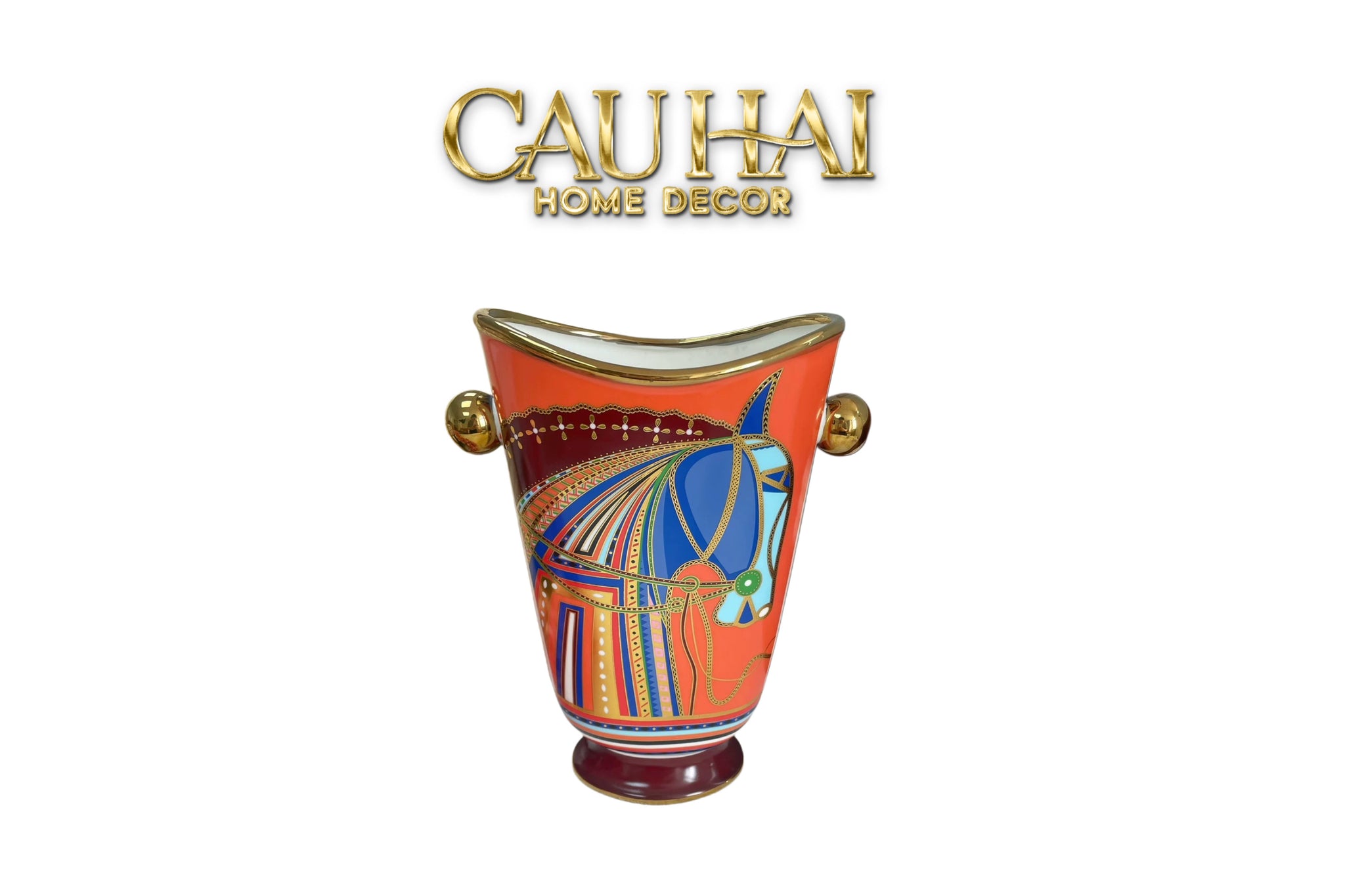 Maison Couture - Bình Hoa Ngựa Cheval Équestre Vermilion  Amphora Vase 17x28