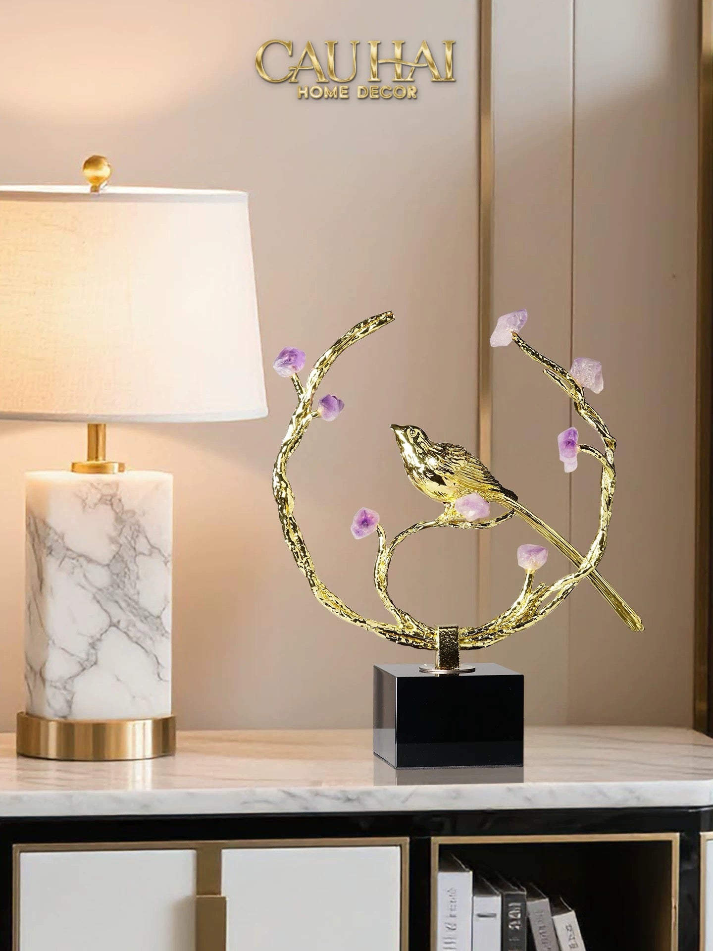 Maison Couture - Tượng Đồng Đá Thạch Anh Tím  - Amethyst Branch Golden Bird Harmony 27x18.5