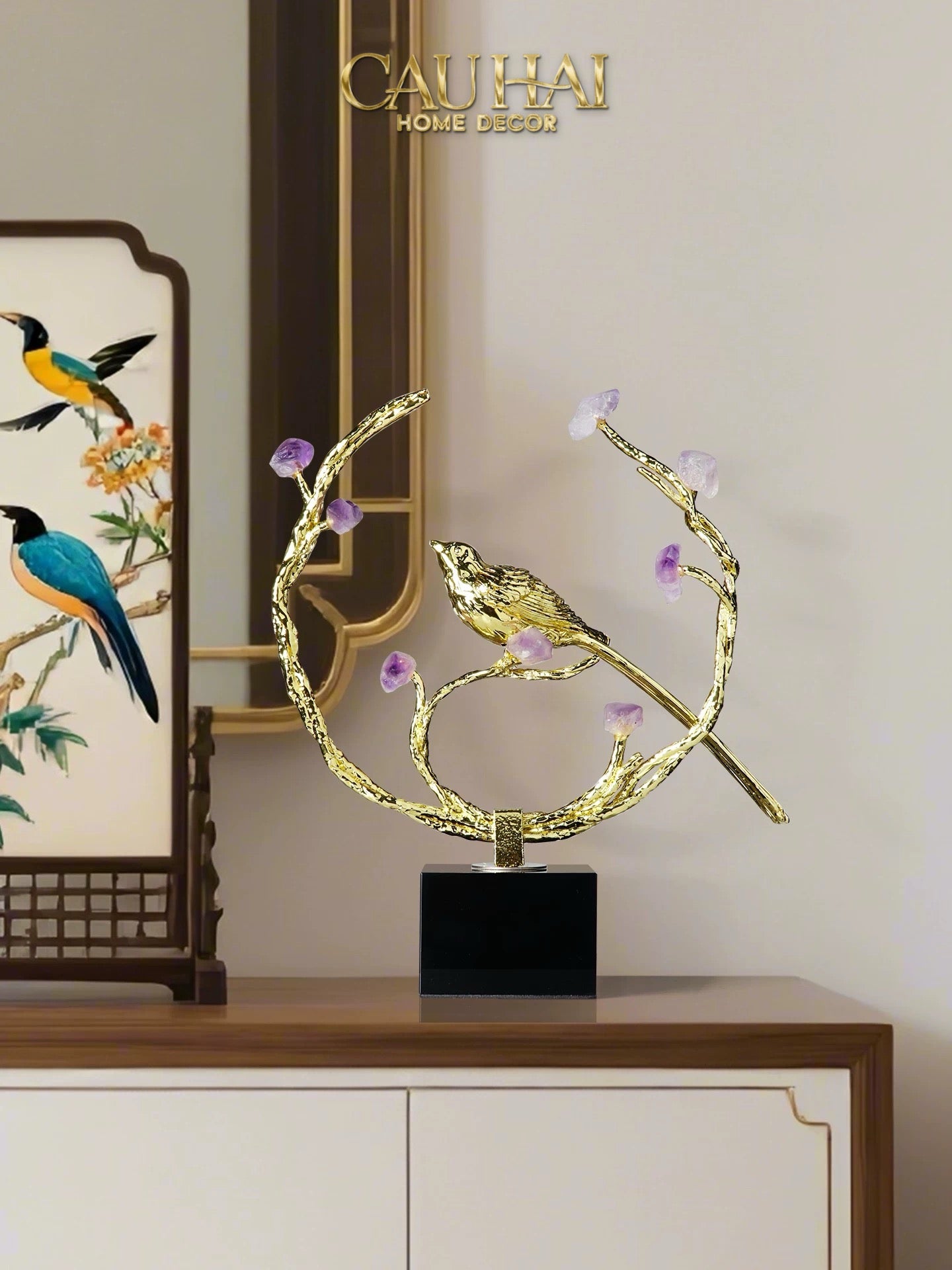 Maison Couture - Tượng Đồng Đá Thạch Anh Tím  - Amethyst Branch Golden Bird Harmony 27x18.5