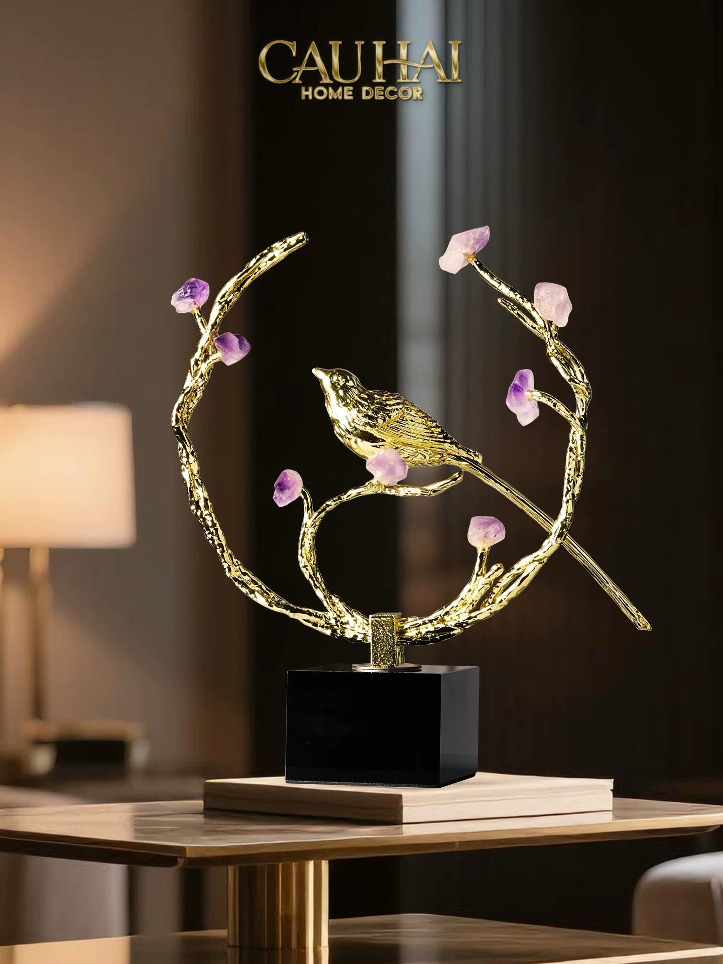Maison Couture - Tượng Đồng Đá Thạch Anh Tím  - Amethyst Branch Golden Bird Harmony 27x18.5