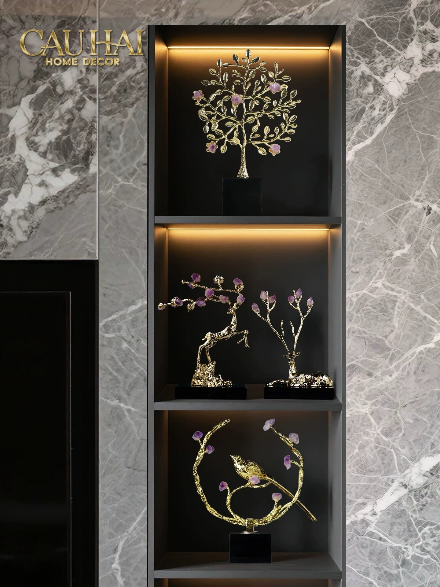 Maison Couture - Tượng Đồng Đá Thạch Anh Tím  - Amethyst Branch Golden Bird Harmony 27x18.5
