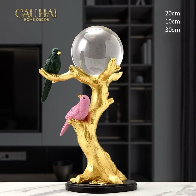 GILDED AVIARY CRYSTAL GLOBE BRANCH STATUE